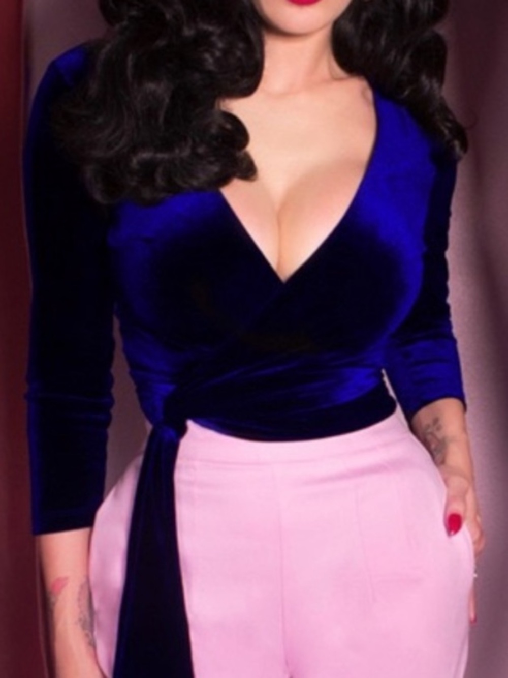 Vixen by Micheline Pitt Wrap Top Blue Velvet L